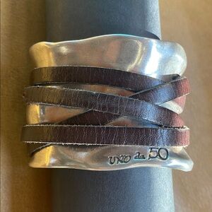 UNO de 50 Sterling plated Ibiza wrist bump Cuff with Dark Brown Leather Wrap
